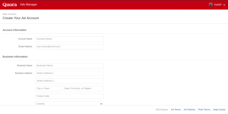 Creating ad manager account on Quora